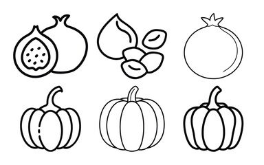 Assortment of six stylized fruit and vegetable icons including pumpkins, pomegranates, figs, and beans, isolated on white