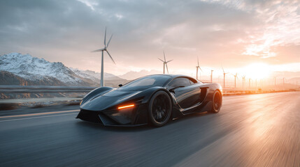 Sleek black electric hypercar speeds along scenic road, surrounded by wind turbines and mountains, showcasing modern design and innovation