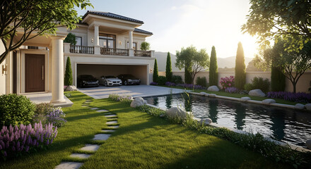 Obraz premium Luxury Beige Villa with Green Lawn, Sunny Outdoor Residential Estate