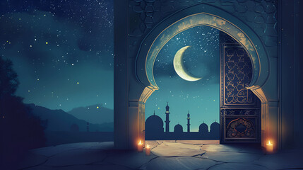 Ramadan crescent moon shines above mosque silhouette at nightfall celebration