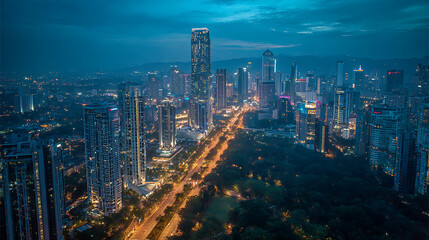 Obraz premium Aerial view of modern metropolis skyline with glowing skyscrapers during blue hour, showcasing urban development concept.