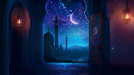 Enchanting mosque view at night with crescent moon and stars for Ramadan concept