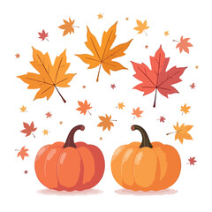 Festive autumn illustration showing pumpkins and falling leaves in warm tones great for fall themed designs, invitations, and seasonal graphics.