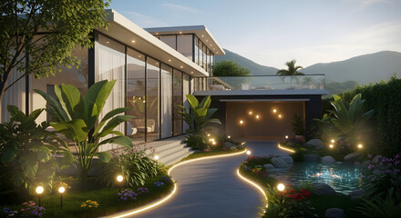 Fototapeta premium Modern Home with Glowing Landscape Lighting and Lush Greenery