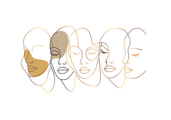 Elegant abstract female faces in one-line drawing style, gold ac