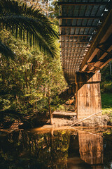 The view beneath the Kuranda rail tracks with reflections on the river below.