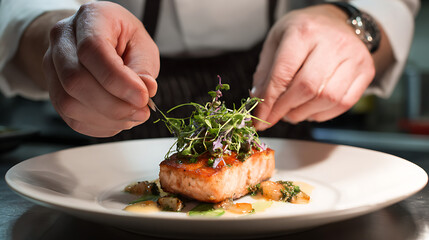 Chef placing the final garnish on a plated meal, ready for service (2)