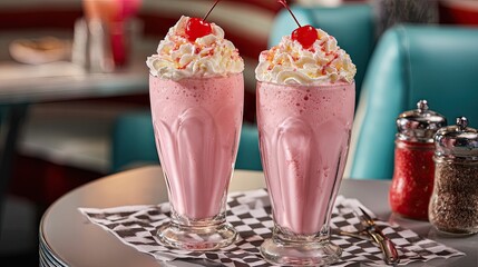 Strawberry Milkshakes with Whipped Cream and Cherry Topping