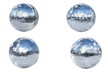 Generate four different images of disco mirror balls isolated on a Transparent background PNG