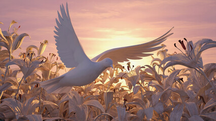  A white marble dove flying across a field of lilies carved from alabaster illustration. Ai generated.