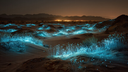 Bioluminescent desert glowing sand night landscape mysterious blue light plants