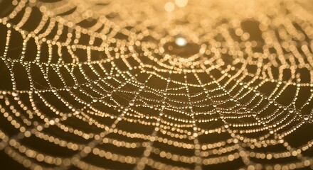 Delicate spiderweb adorned with shimmering dewdrops at dawn against a golden bokeh background.