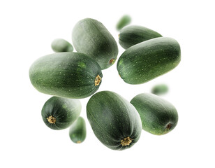 Green zucchini levitate on a white background