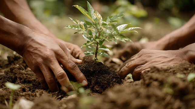 Hands planting a tree sapling in soil, symbolizing joint environmental efforts (1)