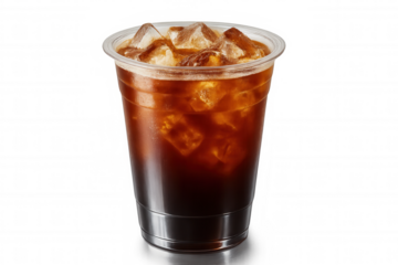 Refreshing iced coffee served in a plastic cup, ideal for takeaway, with a transparent background for easy compositing