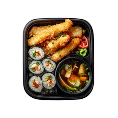 Delicious Japanese Bento Box with Tempura, Sushi Rolls, and Miso Soup - Overhead View