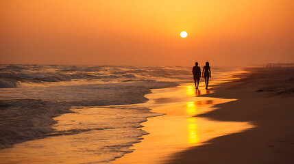 Evening beach scene with silhouettes of couples walking, golden sunset and calm waves creating a romantic vacation mood.