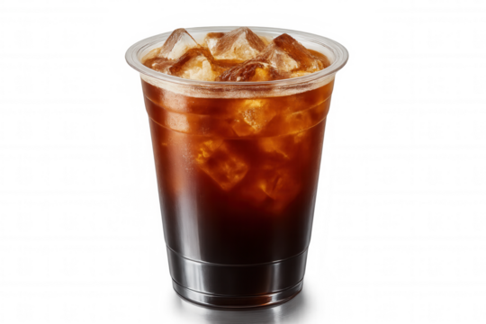 Refreshing iced coffee served in a plastic cup, ideal for takeaway, with a transparent background for easy compositing