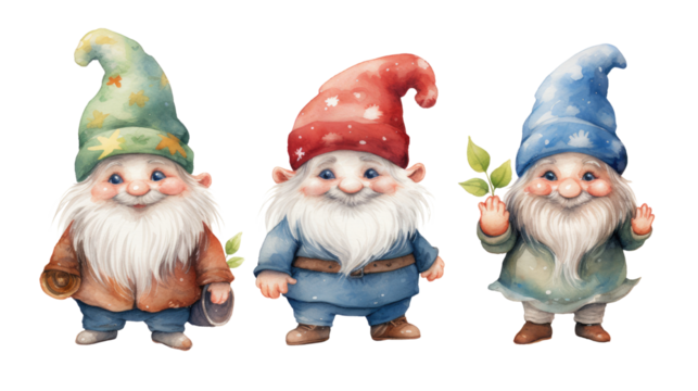 Set of cute garden gnomes with colorful hats fantasy dwarf characters fairytale illustration decorative clipart isolated on white background