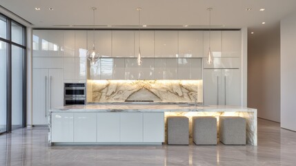 Minimalist modern kitchen, glossy white cabinetry, underlit marble backsplash, pendant lighting over textured kitchen island