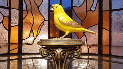 A yellow canary sculpted in goldstone, standing on a bronze pedestal, background illustration. Ai generated.