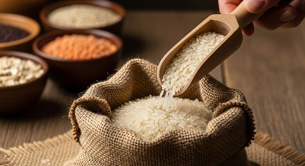 Uncooked Rice Grains in a Burlap Sack Being Scooped with a Wooden Spoon Ready for Cooking Preparation