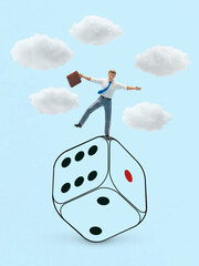 A miniature Businessman walking on giant dice—symbol of risk, decision-making, and uncertainty in...