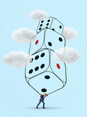 Miniature Businessman bearing giant dice-risk, fate, and uncertainty.