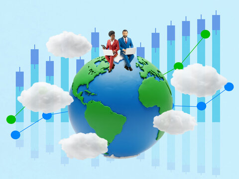 Business team on Earth analyzing global data trends—symbol of teamwork, digital economy, and financial growth. - Powered by Adobe