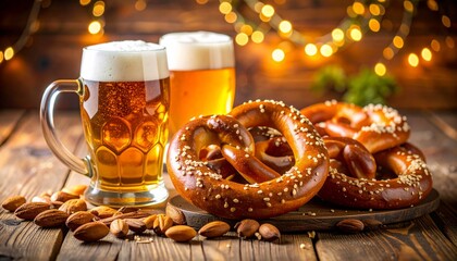 Oktoberfest: Two mugs of beer and pretzels are displayed on a wooden surface, accompanied by almonds and illuminated by string lights.