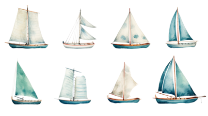 Set of nautical watercolor sailboat decorative marine travel illustration sticker clipart png design for ocean lovers isolated on white background