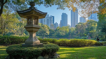 Obraz premium Tranquil Zen Garden with City Skyline and Lush Greenery