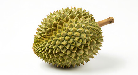 A single durian fruit with its spiky outer shell sitting on a plain white surface in a studio setting ai generated