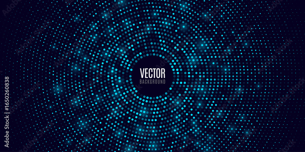 Aufkleber abstract dotted circular halftone background with glowing blue particles forming concentric waves. f