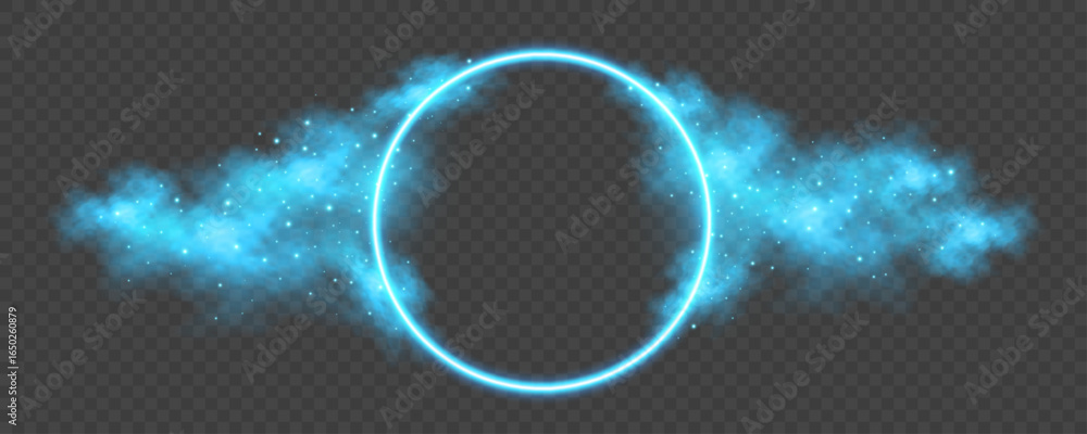 Poster glowing neon round frame with blue fog effect and sparkling magical particles on transparent backgro