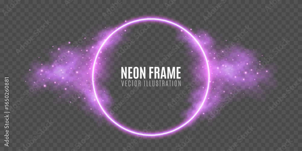 Poster glowing neon purple round frame with fog effect and sparkling magical particles on transparent backg