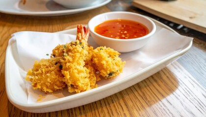tasty shrimp in tempura with sweet and sour sauce 