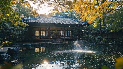 Fototapeta premium Tranquil Japanese Garden with Classic Architecture and Water Feature