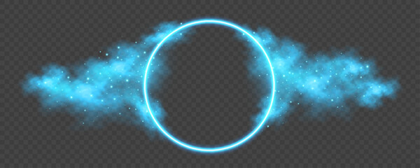 Glowing neon round frame with blue fog effect and sparkling magical particles on transparent background. Abstract design for fantasy concept, stylish banners or modern visuals. Vector illustration.