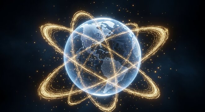 Global network connection with digital world concept shining light trails around globe showing communication and internet technology for business solutions and innovations