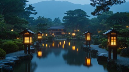 Obraz premium Serene Japanese Garden at Dusk with Lanterns and Reflections