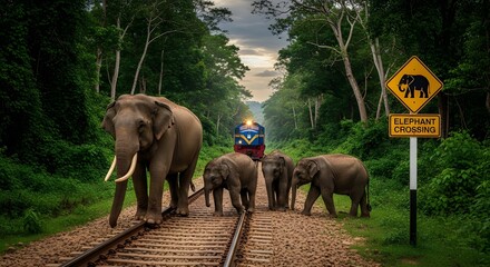 Wild Elephant Herd Crossing Railway Track in Sri Lanka 