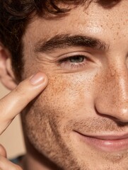 Obraz premium Smiling Man With Freckles Pointing at His Eye in a Warm Setting, Showcasing Healthy Skin and Confidence During Daytime