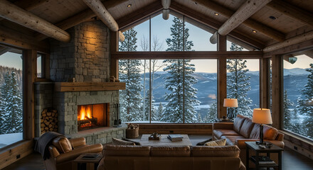 Rustic Living Room with Stone Fireplace and Snowy Mountain View