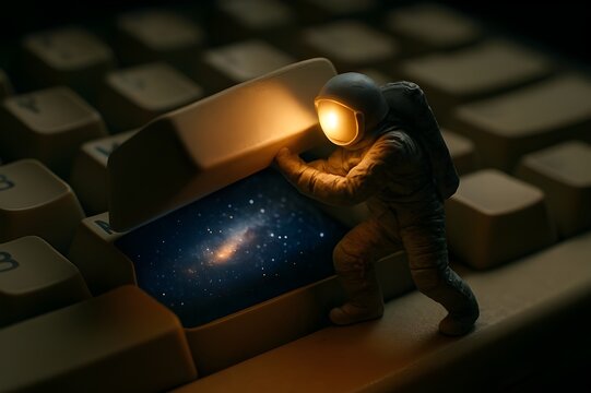 Creative concept of a miniature astronaut discovering the universe under a keyboard spacebar