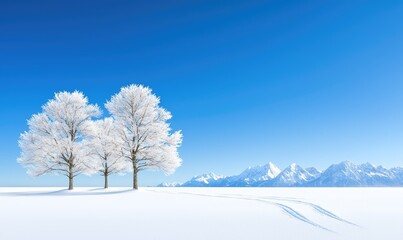 Obraz premium Winter Landscape Three trees stand covered in frost in a flat, snow-covered field under a bright blue sky. Distant, snow-capped mountains form a soft background. Shadows stretch across the snow