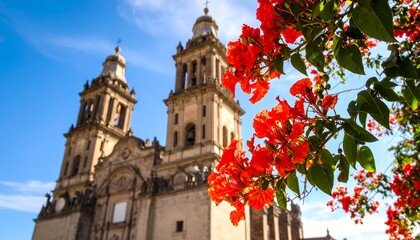 Vibrant orange flowers frame a grand, twin-towered cathedral under a bright blue sky