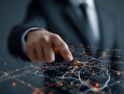 Businessman points to glowing digital city map with data connections - Powered by Adobe