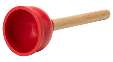 Red plunger isolated on white background with wooden handle