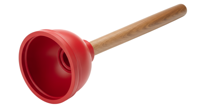 Red plunger isolated on white background with wooden handle